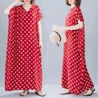 Dotted Short-sleeve V-neck Maxi Shift Dress Red - One Size