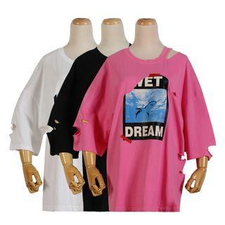3/4-sleeve Printed Ripped T-shirt