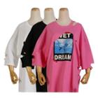 3/4-sleeve Printed Ripped T-shirt