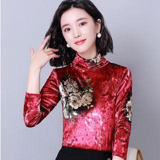 Long-sleeve Turtleneck Print Velvet Top