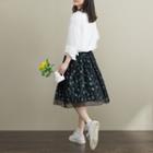 Mesh Overlay Floral Print A-line Midi Skirt