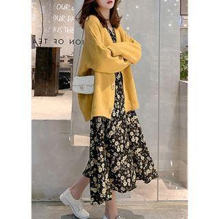Long-sleeve Floral Print Midi A-line Dress / Cardigan / Set