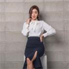 Detachable-ribbon Key-hole Front Blouse