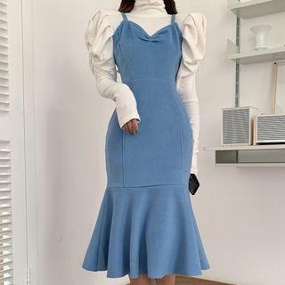 Mock-neck Top / Spaghetti Strap Ruffled Dress