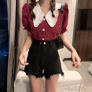Puff-sleeve Collared Plaid Blouse