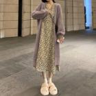Long Cardigan / Long-sleeve Pattern Midi A-line Dress