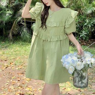 Short-sleeve Ruffle Mini Smock Dress Cyan - One Size
