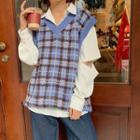 Cut Out Shirt / Plaid Knit Vest