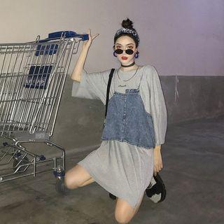 3/4-sleeve Lettering Long T-shirt + Denim Cami Top