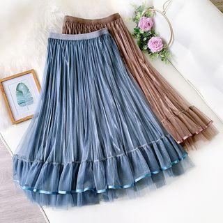 Mesh Trim Midi A-line Velvet Skirt
