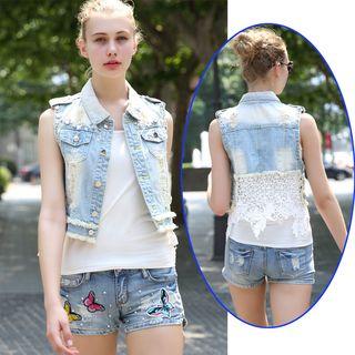 Distressed Lace Panel Denim Vest