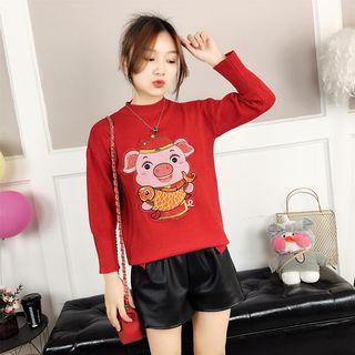 Pig Applique Mock-neck Sweater
