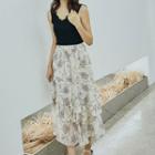Floral Print A-line Tiered Midi Skirt