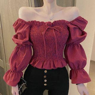 Plaid Square-neck Bell-sleeve Blouse