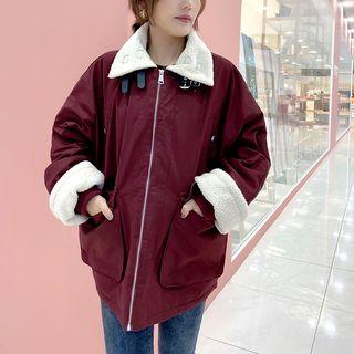 Faux Shearling Panel Zip Jacket Red - One Size