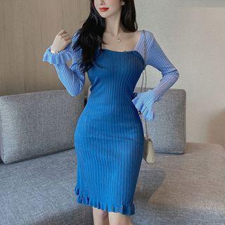 Flared-sleeve Two-tone Sheath Dress