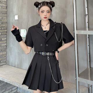 Short-sleeve Chained Cropped Blazer / Pleated Mini A-line Skirt