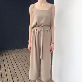 Set: Plain Camisole Top + Wide Leg Cropped Pants