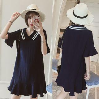 Striped Collar Short-sleeve A-line Dress