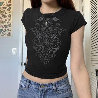 Printed Round Neck Cap Sleeve Cropped Top