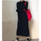 Plain Long-sleeve Midi T-shirt Dress Black - One Size