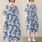 Elbow-sleeve Print Linen Midi A-line Dress Blue - One Size