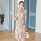 Tie-neck Floral Print A-line Dress Beige - One Size