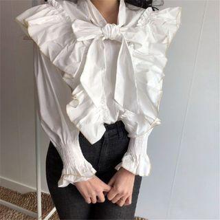 Long-sleeve Ruffled Bow-neck Blouse White - One Size