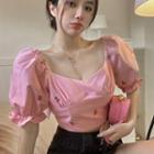 Puff-sleeve Cherry Print Cropped Blouse Pink - One Size