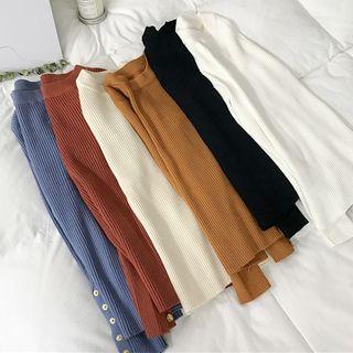 Buttoned Sleeve Mock Neck Knit Top