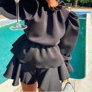 Set: Plain Puff-sleeve Crop Top + Mini A-line Skirt