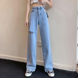 High-waist Flower Embroidered Ripped Wide-leg Jeans