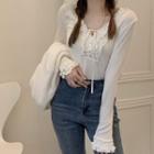 V-neck Wood Ear Trim Lace-up Long-sleeve T-shirt Off-white - One Size