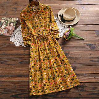 Long-sleeve Floral Print Corduroy Midi Shirtdress