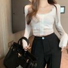 Lace Panel Trim Button Cropped Top