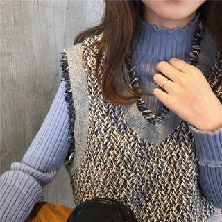 Plain Mock-neck Long-sleeve Knit Top / V-neck Knit Top