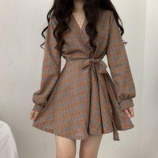 Long-sleeve Plaid Mini A-line Wrap Dress
