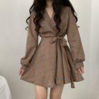 Long-sleeve Plaid Mini A-line Wrap Dress