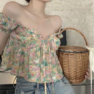 Off-shoulder Floral Cropped Blouse Floral - Yellow & Green - One Size