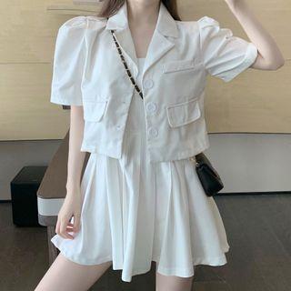 Short-sleeve Plain Single-breasted Cropped Blazer / Sleeveless Plain Pleated A-line Dress