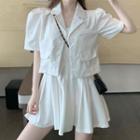 Short-sleeve Plain Single-breasted Cropped Blazer / Sleeveless Plain Pleated A-line Dress