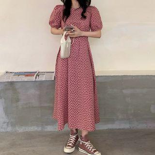 Heart Print Puff-sleeve Dress Pink - One Size