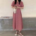Heart Print Puff-sleeve Dress Pink - One Size