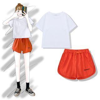Plain Short-sleeve T-shirt / Letter Embroidered Drawstring Shorts