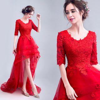 Elbow-sleeve Paneled Dip-back Cocktail Dress