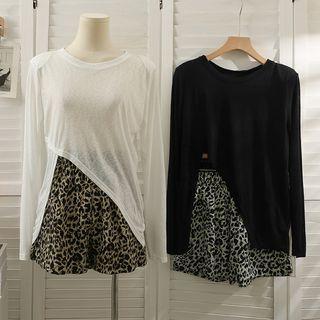 Set: Asymmetrical Sheer Light T-shirt + Leopard-print High-waist Shorts