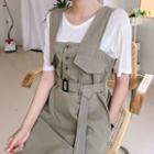 Buttoned Long Pinafore Dress With Belt