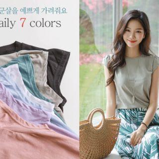 Colored Cap-sleeve Shirred T-shirt