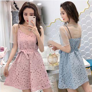 Set: Short-sleeve Mesh Top + Spaghetti Strap Perforated Dress