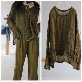 Slit Long-sleeve Linen T-shirt Olive Green - One Size